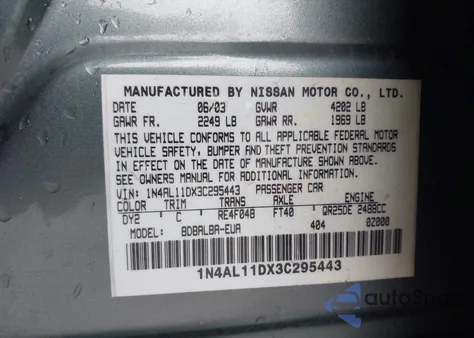 2003 Nissan Altima 2.5 S z USA, uszkodzony, nr VIN 1N4AL11DX3C295443